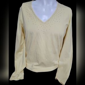 Womens Faded Glory Pale Yellow Beaded Neck Long Sleeve Perfect‎ Fit Size Large